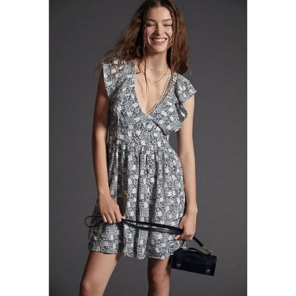 Anthropologie V-Neck Plunge Tunic Mini Dress Pockets Floral Print NWT Size XL